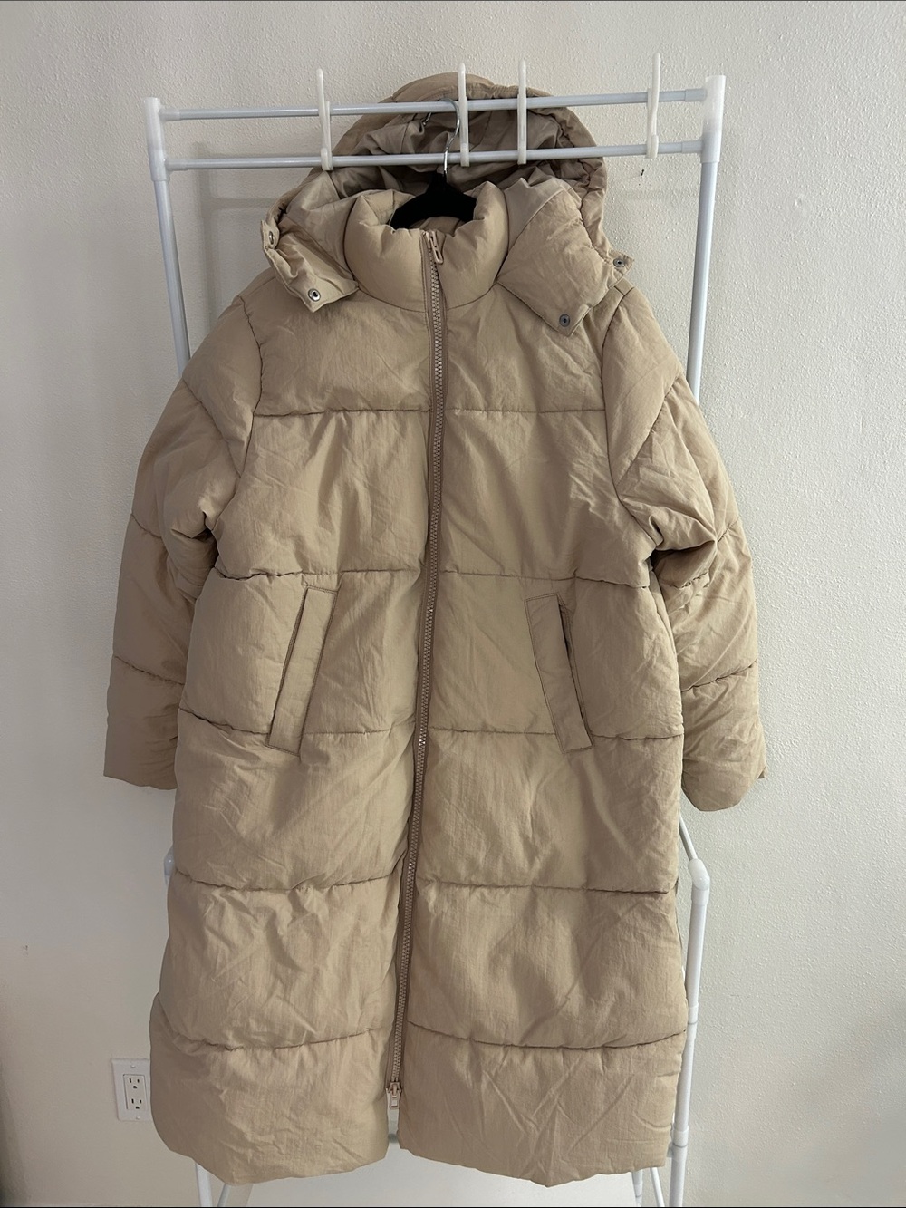 H&M Neutral Beige Long Puffer Coat with Hood
